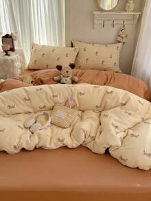 4pcs Dog Pattern Bedding Set, Soft & Comfortable Bedroom Linens, Cute Dachshund Design, Breathable & Soft All Season Bed Set Including 1 Duvet Cover, 1 Bed Sheet, 2 Pillow Shams, No Filling, Suitable For Bedroom, Dorm, Home Use, Multiple Sizes Available - Beige - View 4
