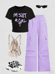 Tween Girl Letter Print Round Neck Short Sleeve T-Shirt And Purple Cargo Pants Set - Purple - View 2