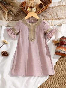 Spring/Summer Girls' Dress, Simple & Comfortable, Collar & Cuffs Decorated With Exquisite Golden Embroidered Floral Lace, Elegant A-Line Silhouette, Suitable For Vacation & Outdoor Activities - Dusty Pink - View 1