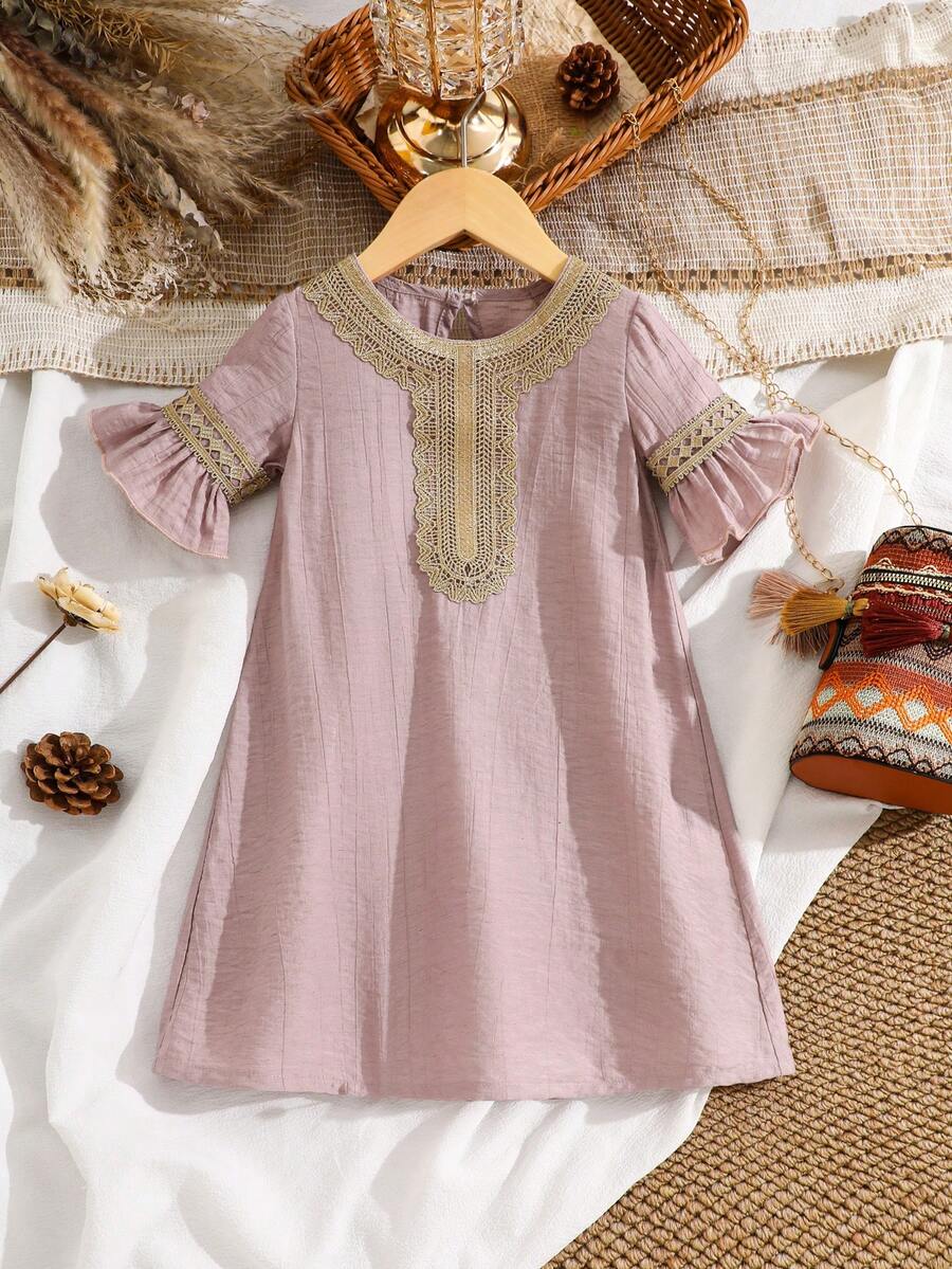 Spring/Summer Girls' Dress, Simple & Comfortable, Collar & Cuffs Decorated With Exquisite Golden Embroidered Floral Lace, Elegant A-Line Silhouette, Suitable For Vacation & Outdoor Activities - Dusty Pink - View 1