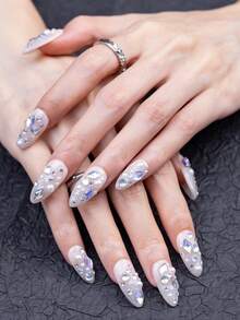 10Pcs Premium Handmade Almond Press On Nails, Glitter Design, Luxury Pearl, Aurora Rhinestones, Glossy Finish, Salon Quality, Winter Nails, Gift For Her Summer Easter - Follow Your Heart - Xem 9