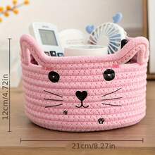 1pc White/Green/Yellow/Brown/Blue/Pink Cat Face Woven Storage Basket (21cm/8.27in*12cm/4.72in) - Adorable Cat Ear Shaped Desktop Organizer Basket, Suitable For Storing Small Accessories/Stationery/Cosmetics, Ideal For Bedroom/Dorm/Office Desk, Decorative And Space-Saving. - Multicolor - View 9