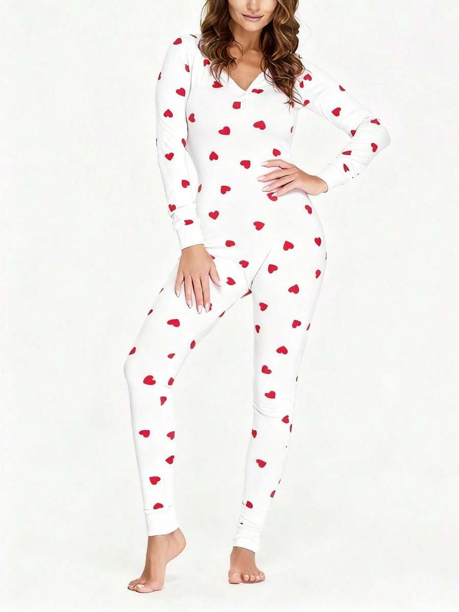 Holiday One Piece Pajamas For Women .Y Pink Heart Striped Pajamas Cute Love Print Jumpsuit Sleepwear Romper - 白色 - 查看 1
