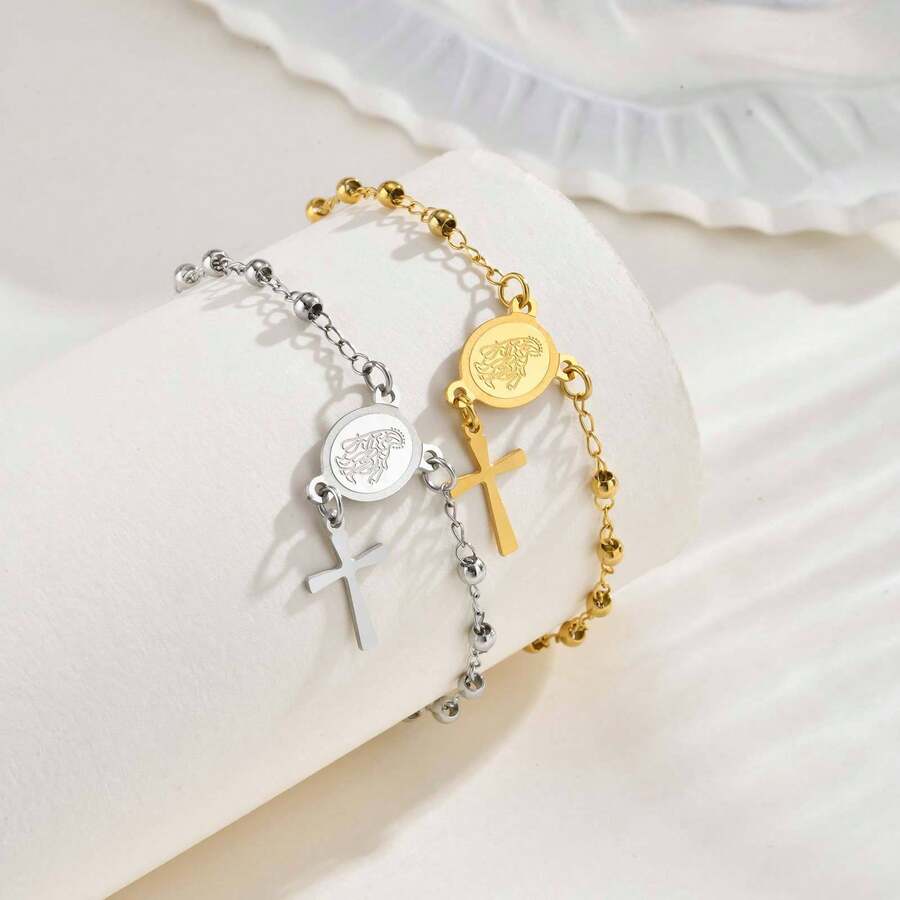 Pulsera de oro con cadena de cuentas espaciadoras de acero inoxidable y cruz de la Virgen María para mujeres - Dorado - Ver 1