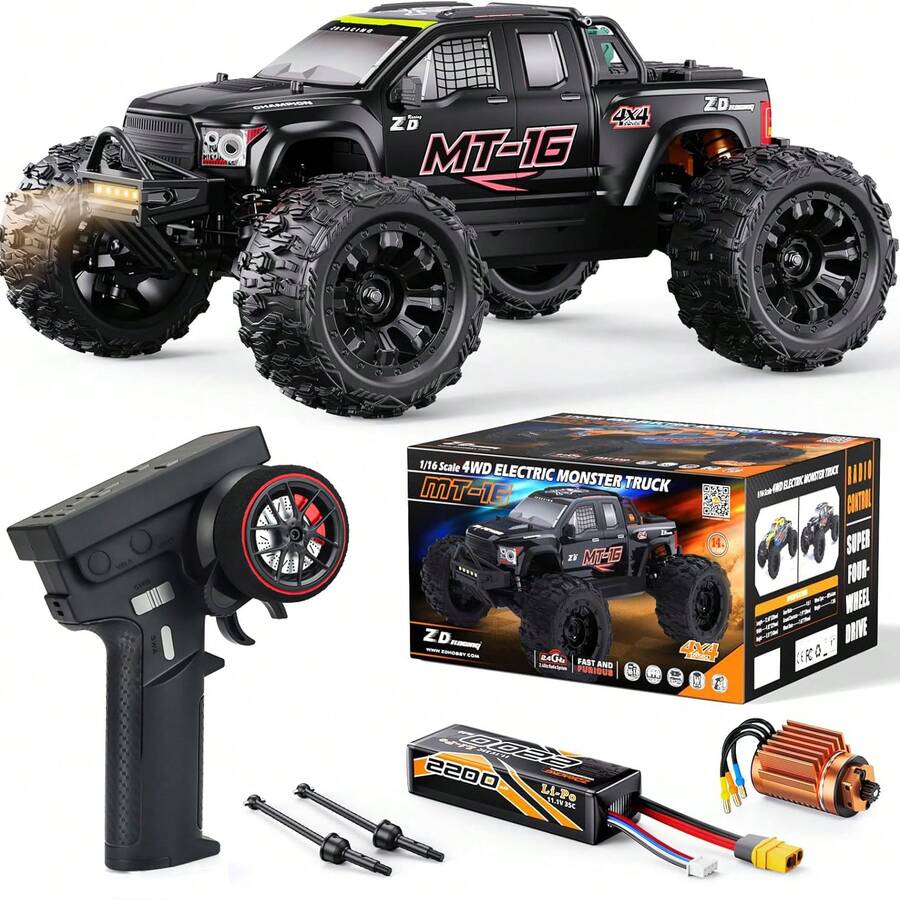 MT-16 1/16 Brushless Fast RC Cars 4X4 For Adults Fast 50 MPH, High Speed RC Car 4WD, Off Road Remote Control Truck, All Terrain RC Truggy For Snow, Sand & With 3S Battery, Suitable As Gift (Black)