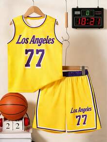 2pcs/Set Boys Casual Outdoor Sports Basketball Jersey With Los Angeles Number 77 Print, Basketball Round Neck Tank Top And Shorts Set, Spring/Summer - Yellow - View 9