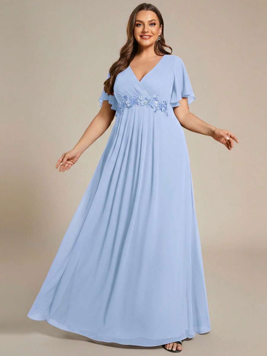 Elegant V-Neck Applique Ruffle Sleeve Chiffon Dress