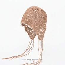 Merry Christmas/New Year Fashion Crochet Tassel Head Wrap Hat For Women, Beige Pearl Decor Boho Turban Hat, Breathable Knitted Headscarf Cap, Stylish Tassel Design Headwear For Party/Photo Shoot, One Size Fits Most,  Head Accessory For Daily Wear & Holiday Outfits - Màu Đỏ Sâu - Xem 3