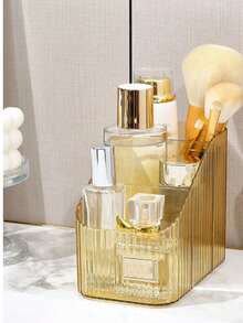 1 pieza Caja de almacenamiento de lujo multifuncional, Soporte de escritorio para bolígrafos y cosméticos, Organizador de maquillaje, Estante de cosméticos trapezoidal transparente de estilo nórdico, Decoración para el cuarto de maquillaje - Dorado - Ver 8