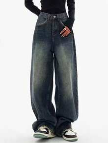 Tween Girl 复古宽腿宽松直筒牛仔裤和休闲装 - 藍色 - 查看 5