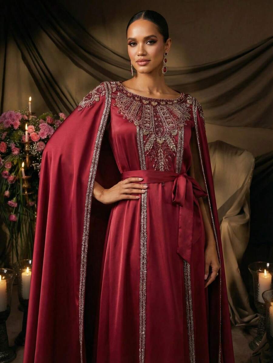 女士中东奢华缎面刺绣串珠披肩袖束腰酒红色长袍礼服，飘逸端庄，适合正式晚宴、婚礼宾客穿着。 - 紅色 - 查看 1