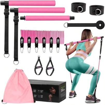 7CDXD Kit de Barra de Pilates con Bandas de Resistencia Barra de Pilates Multifuncional 16 en 1 Juego de Bandas de Resistencia para Ejercicio Ajustable para Entrenamientos de Cuerpo Completo