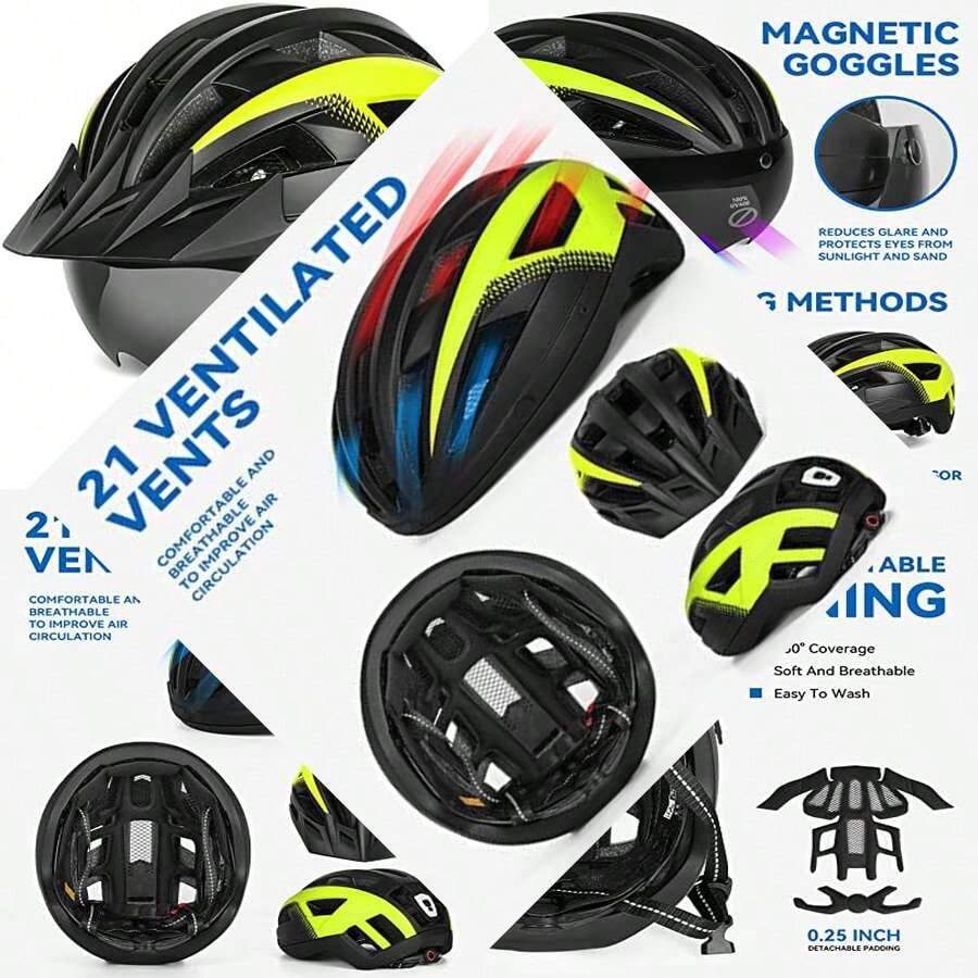 Adult Bicycle Helmet with Visor and Glasses for Mountain and Road Cycling, Rechargeable Rear Light - Negro Amarillo - Ver 1