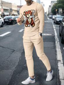 Men's Punk Bear Print Long Sleeve T-Shirt And Pants Set - Multicolor - View 1