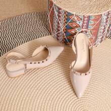 Zapatos de tacón para mujer Zapatos de piel con puntera hueca y remaches Vestidos de verano combinados con sandalias de tacón alto Bailarinas francesas de color nude para mujer - Albaricoque - Ver 6