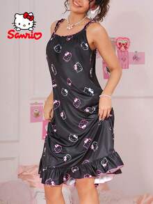 Pajamoom Sanrio 1-Piece Women's HelloKitty,HelloKitty Pajamas,Sanrio Pajamas,Black&Pink,Ruffled Edge,Sleep Dress,Cute Sleep Dress,Loungewear - Black - View 3