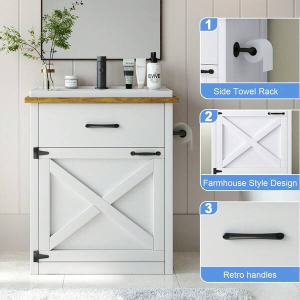 Bathroom Vanity, 24" Bathroom Vanity With Sink, Farmhouse Wood Fixture Stand Pedestal Bathroom Cabinet With Drawer, Easy Assembly, White/ Black