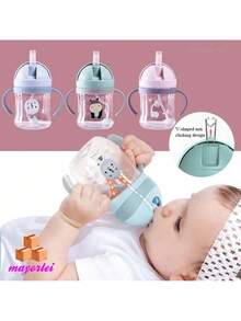 Botella de agua con patrón de dibujos animados para niños, vaso de pajita con bola de succión para entrenamiento, portátil, 250ML - verde menta - Ver 5