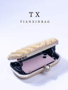 Pink Pearl Clutch Bag, Elegant Engagement Party Handbag For Cheongsam Dress, With Metal Chain Strap, Suitable For Party, Wedding, Prom, Banquet, Perfect Match For Women's Graduation Gown, Prom Dress, Sequin Dress, Shiny Dress, Formal Dress - Champagne - View 7