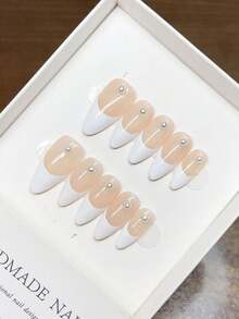 Pure Handmade Wearable Nails Almond Nail Shape; Hand-Painted Pink French Nails Quality Temperament Simple Design Nails, Autumn And Winter Nails, Full Coverage False Nails, Y2K Nails, Unique And Niche Creative False Nails, Daily Nails, Cute Modern Style Nails, Daily Use, Detachable Wear And Reusable. - Multicolor - View 12