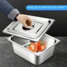 Juego de 10 sartenes de acero inoxidable para hotel, con tapas, sartenes de restaurante de tamaño medio de 1/2 para hotel, comida buffet, suministros de catering(325*265*100mm) - Plateado - Ver 6