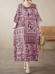 AZAH 女士加大码休闲优雅连衣裙，波西米亚风沙滩裙，2026新款夏季圆领短袖宽松中长连衣裙，宽松睡衣吊带裙，随机印花 - 紅色 - 查看 2