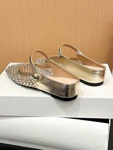 Xin Jing Shoes Women's Square Toe Shoes, Fashion Versatile Net Rhinestone Sexy Party Platform Slip-On Casual Commute Sandals - Gold - View 9