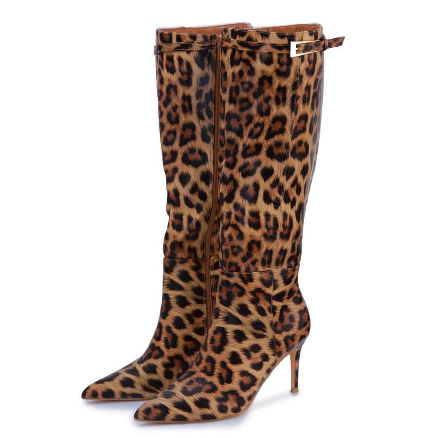 Women's Autumn/Winter Look: Sexy Side-Zip Buckle High Heels, Patent Leather Knee-High Boots With Metal Buckle Straps, Slender Heels, Classic Pointed Toes, Suitable For Valentine's Day, Christmas, Music Festivals, Nightclubs, And Parties. - BEO - Xem 1