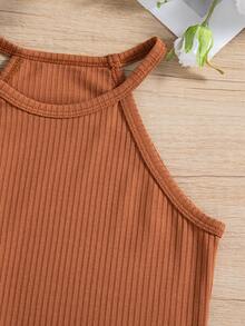 3pcs/Set Girls Ribbed Ribbed & Solid Color Fitted Sleeveless Halter Neck Dress - Coffee Brown - View 4
