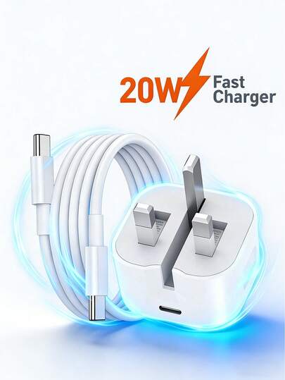 مجموعة شاحن USB-C 20 واط، شاحن حائط سريع 20 واط مع كابل شحن USB-C إلى C بطول 1/2 متر، محول طاقة PD للمملكة المتحدة، متوافق مع الهواتف 17 16/16 بلس/16 برو ماكس/15 بلس/15 برو/15 برو ماكس، آيباد برو، آيباد إير، آيباد ميني، شاحن هاتف بقدرة خرج عالية