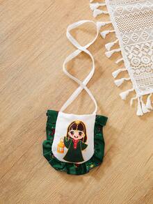 H HIBOBI 2pcs Baby Girls Ramadan Dress Set - Green/White Desert Rose Print, Gold Star Belt, Ruffle Sleeve & Hem, Matching Crossbody Bag, Eid Festival Outfit - Green - View 11