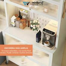 Estantería metálica para cocina con puertas correderas, disponible en dos tamaños. Estantería de acero al carbono resistente al óxido con soportes y ruedas. Los paneles perforados facilitan la organización personalizada de electrodomésticos, utensilios de cocina y almacenamiento de alimentos. Diseño a prueba de polvo. - Blanco - Ver 5