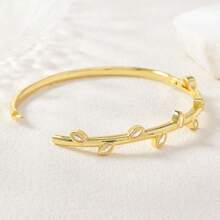 1pc 18K Gold Plated Copper Leaf Inlaid Rhinestone Cuff Bracelet For Women, Elegant Jewelry Gift For Daily & Formal Occasions, Unisex Color Tone, Exquisite Polished Finish - Multicolor - View 6