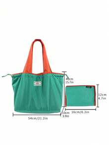 Large Drawstring Tote Bag, Washable Supermarket Shopping Bag, Foldable Handheld Storage Bag For Groceries (Random Printed Letters On All Cloth Labels) - Blue - View 4