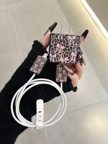 一套4件时尚豹纹蝴蝶结装饰充电器及数据线保护套，兼容 11/12/13/14/15/16/17 Pro Max - 彩色 - 查看 2