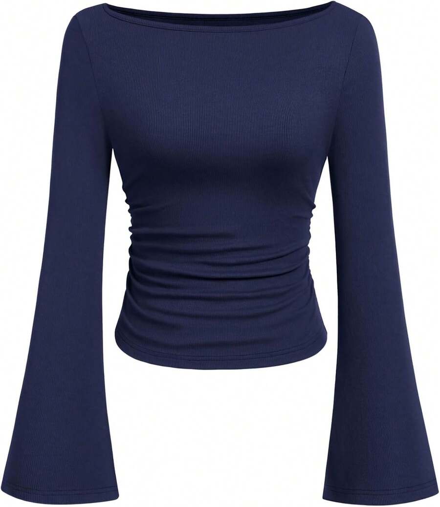 Womens Long Sleeve Shirts 2026 Spring Crop Going Out Tops Casual Boat Neck Sleeve Ribbed Ruched Y2K Clothes - Navy Blue - View 1