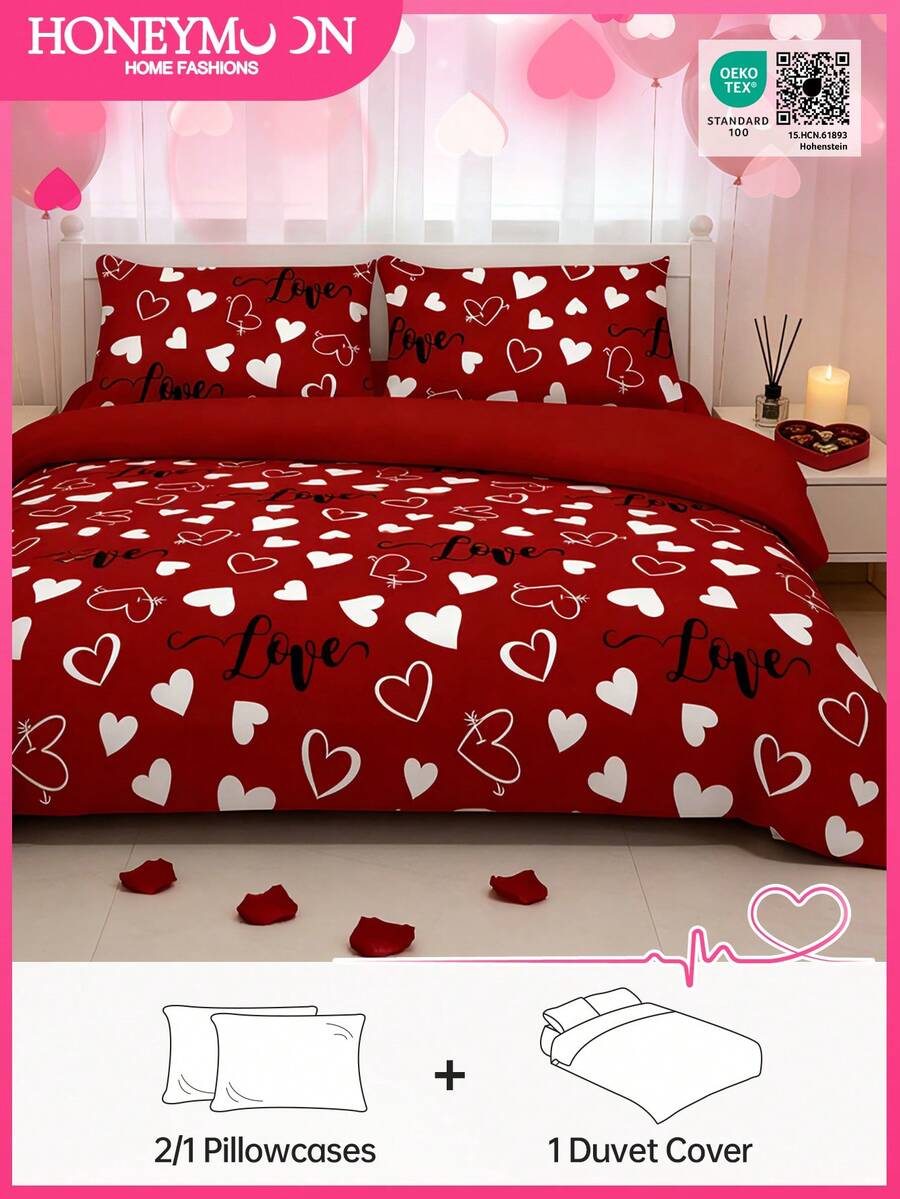 Valentine's Day Limited Edition Red Heart Duvet Cover Set, Classic Bright Red Clashing With Scattered White Heart Prints + Handwritten "Love" Text, Hiding A Valentine's Day Confession In Every Inch Of The Fabric. Soft And Skin-Friendly Fabric With A Fluffy, Cloud-Like Texture. Set Includes 1 Duvet Cover + 1/2 Pillowcase, Oeko-Tex Certified. Filled With Exclusive Valentine's Day Ceremonial Vibes. - Multicolor - View 1