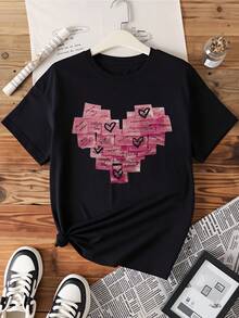 Heart Shape Patchwork Design Love Quotes T Shirt For Women Casual Fashion Top With Romantic Messages And Pink Watercolor Pattern - màu đen - Xem 3
