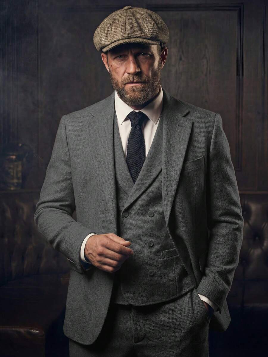 Men's Herringbone Tweed 3 Piece Suit Two Button Wool Blazer Vest Pants Set For Groom Wedding Prom Tuxedos Formal Business Party 1920's Themed Suit (XS-3XL) - Xám - Xem 1