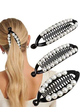 1个复古欧式珍珠水钻装饰发夹，黑色马尾夹，优雅女士发饰，假日快速发型，爪夹，发卡，发夹