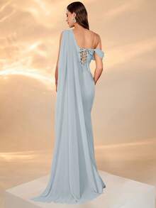 Elegant Women's Long Mermaid Dress With Asymmetrical Rhinestone Details And V-Neck Sleeveless Design For Formal Evenings Party Spring Wedding - Baby Blue - View 3