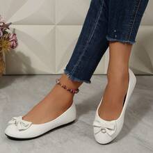 Women's Ballet Flats With Bow – Fashionable Pointed Toe Slip-On Flats, Non-Slip Soft Sole Shoes For Casual & Dressy Occasions (Beige, White, Black) - 白色 - 查看 4
