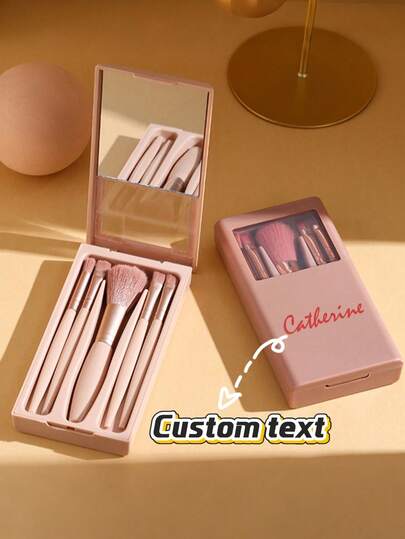 5-Piece Custom Name Women's Makeup Brush Box With Mirror Surface, Skylight Mirror Box Makeup Brush, Portable Mini Multi-Functional Portable Brush, Makeup Brush Set Storage Set, Portable Brush Box Storage Rack