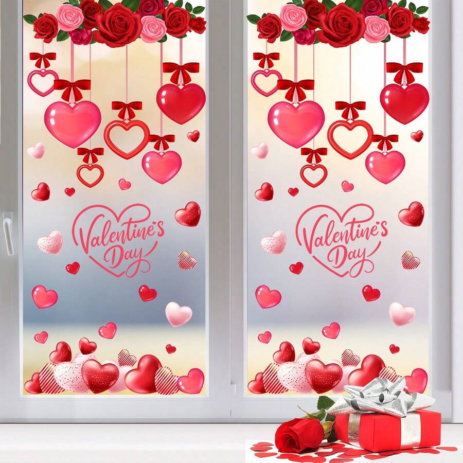 1pc - Valentine's Day Heart Shaped Window Sticker, Rose Vine Valentine's Day Decor Sticker, Holiday Party Window Glass Decoration Static Sticker, Wedding Decoration, Valentine's Day Decoration - Multicolor - View 1
