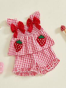 Toddler Baby Girl Summer Outfit Strawberry Embroidered Plaid Bows Ruffled Trim Tank Tops And Shorts 2 Pcs Set - Red - View 3