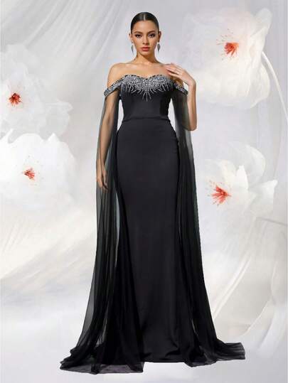 NIKBK Women's Black Off-The-Shoulder Rhinestone Shawl Gown, Satin Fitted Mermaid Maxi Dress, High-End Evening Red Carpet Gown.
