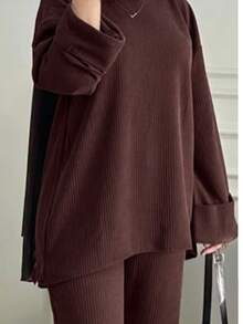 优雅女士休闲长袖纯色套装，时尚高贵，适合秋冬春季穿着。 - 巧克力棕 - 查看 3