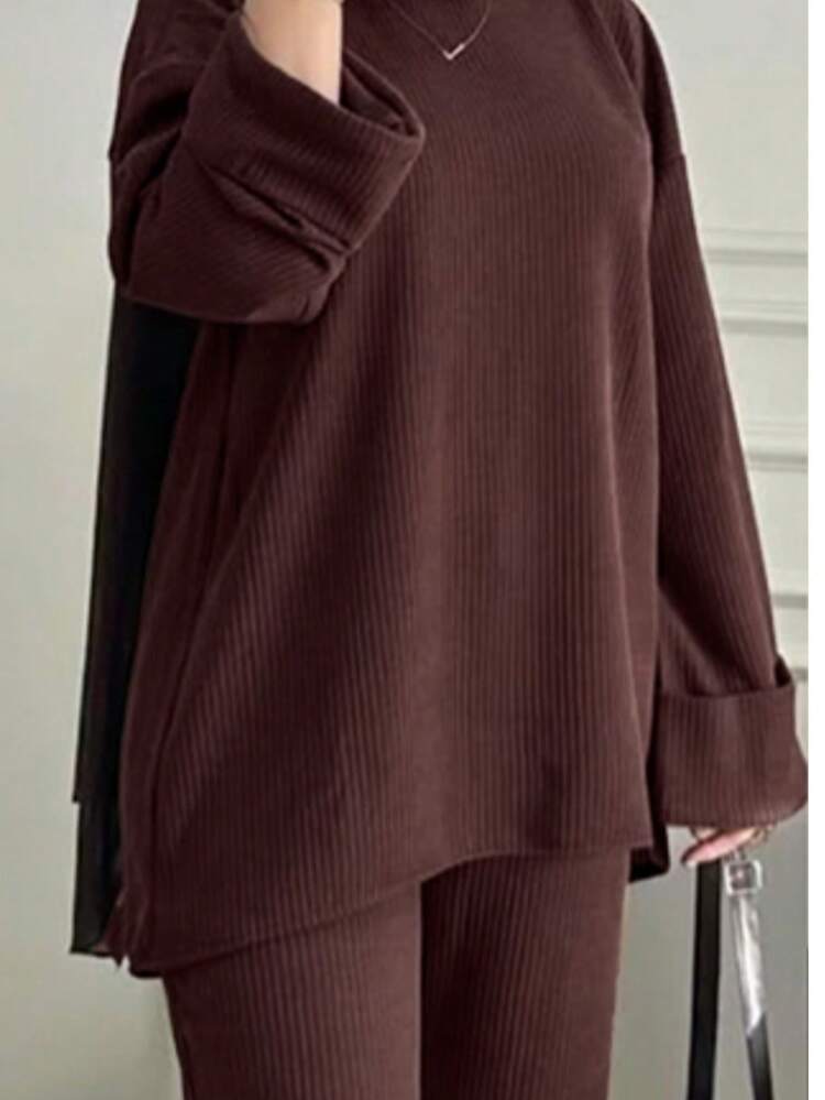 Costume élégant pour femme, manches longues, couleur unie, mode et grâce, automne/hiver - Marron fonçé - Voir 3