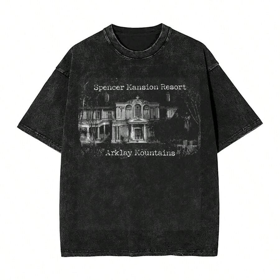 Residents Evils Spencer Mansion Arklay T Shirts Hip Hop Washed Short Sleeve T-Shirts  Vintage Men Women Tops Streetwear Tees - 黑色 - 查看 1