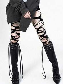 1PC Black Punk Goth Fishnet Tights For Women Y2K Millennium Hottie JK Style Distressed Holes Stockings Sexy Edgy Base Layer Pantyhose Soft Durable Daily Home Party Date Concert Travel Gift For Girlfriend Mom Daughter Friend Anniversary Present Limited Quantity Per Order - 黑色 - 查看 5